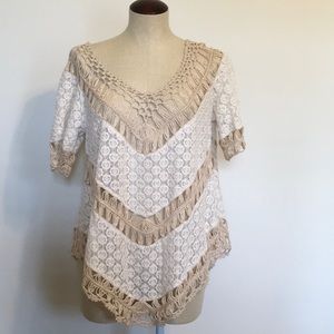 Umgee Tan/Cream Crochet/Macrame Boho Tunic Sz M